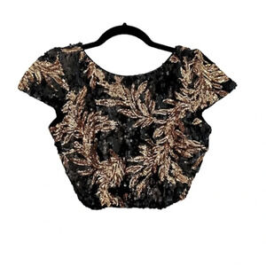 Dress The Population Black & Gold Metallic Sequin Short Sleeve Crop Top Sz L GUC